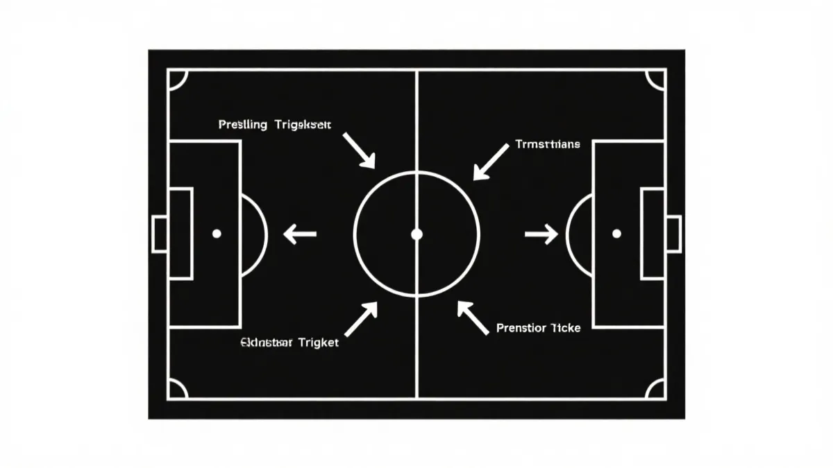 球场俯视图，展示压迫触发点与转换进攻线路